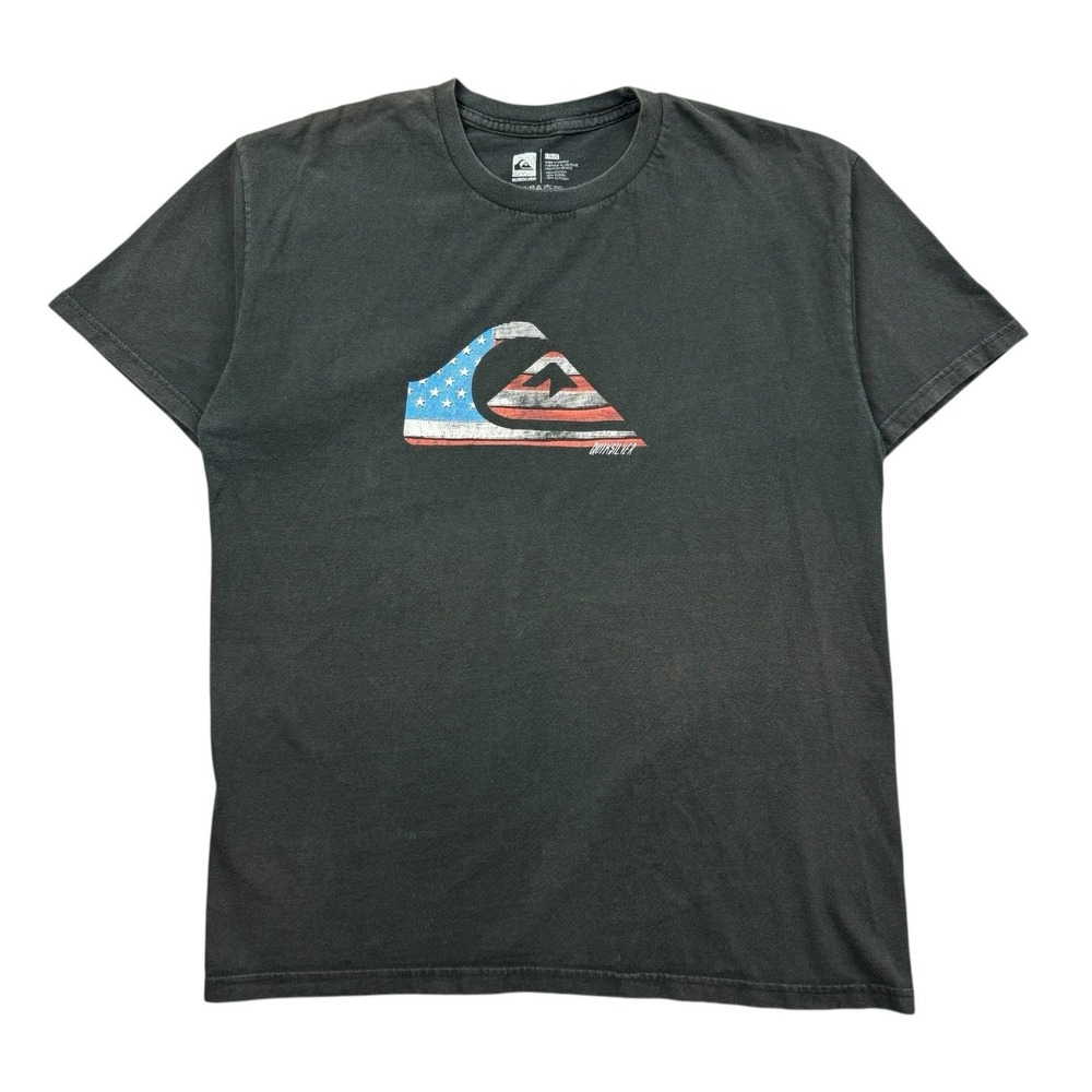 Quiksilver T‎ Shirt Men Large Black USA Flag Logo Surfer Y2K Sun Faded